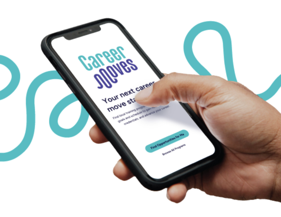A mobile phone displaying the Career Moves app home screen.
