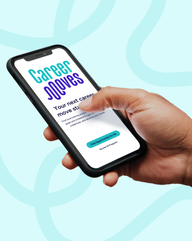 Hand holding a phone using the Career Moves App